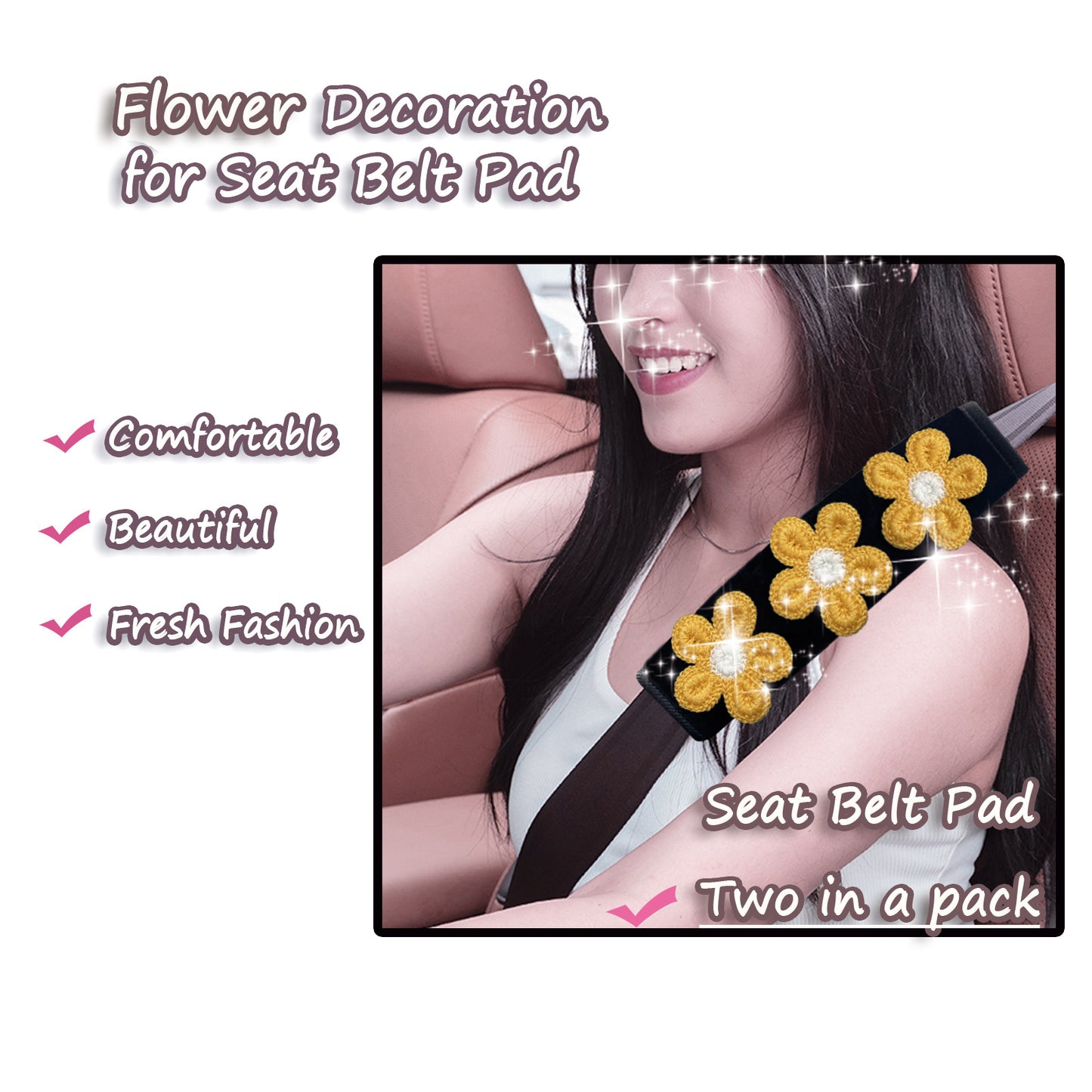 Beautiful Flower Car Seat Belt Cover Pads (2 in a Pack) Seat Belt Shoulder Strap Protector (Pink Flower)